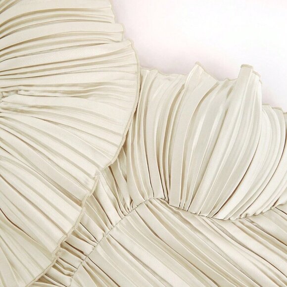 Beige Party Women's Pleated Satin Tube Going Out Top - Picture 5 of 8